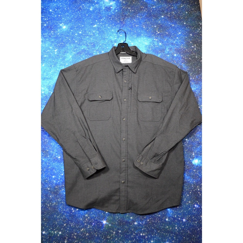 Poncho Shirt Mens XL Gray Twill Magnetic‎ Pockets Long Sleeve Button Up Casual